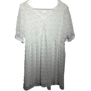 Babydoll Textured V-Neck Short White Sleeve Sheer Dress Size M Spring